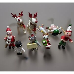 9 Vintage Wooden Christmas Ornaments Santa, Mrs C,  Nutcracker, Clown, Elves +